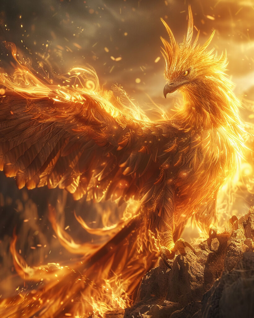 A stunning digital painting of a phoenix, a mythical bird engulfed in golden flames. The creature stands majestically on a rocky surface, its wings partially spread, with intricate feathers that appear to be made of fire. Glowing embers swirl around it, illuminating the dark, smoky background. Its sharp, piercing eyes and curved beak convey strength and resilience. The image radiates warmth and energy, symbolizing rebirth, transformation, and power.